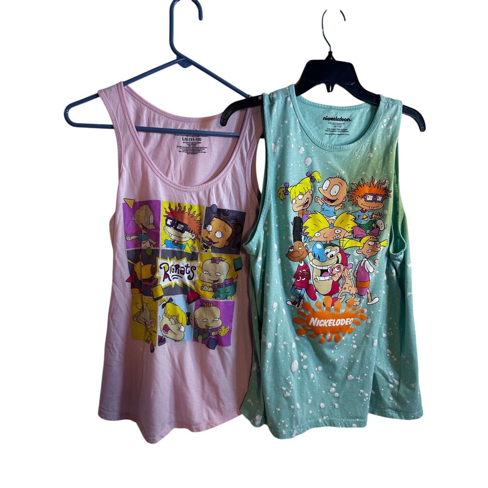 Nickelodeon Graphic Tank Top Set L 11-13 Pink Teal Rugrats Hey Arnold Women
